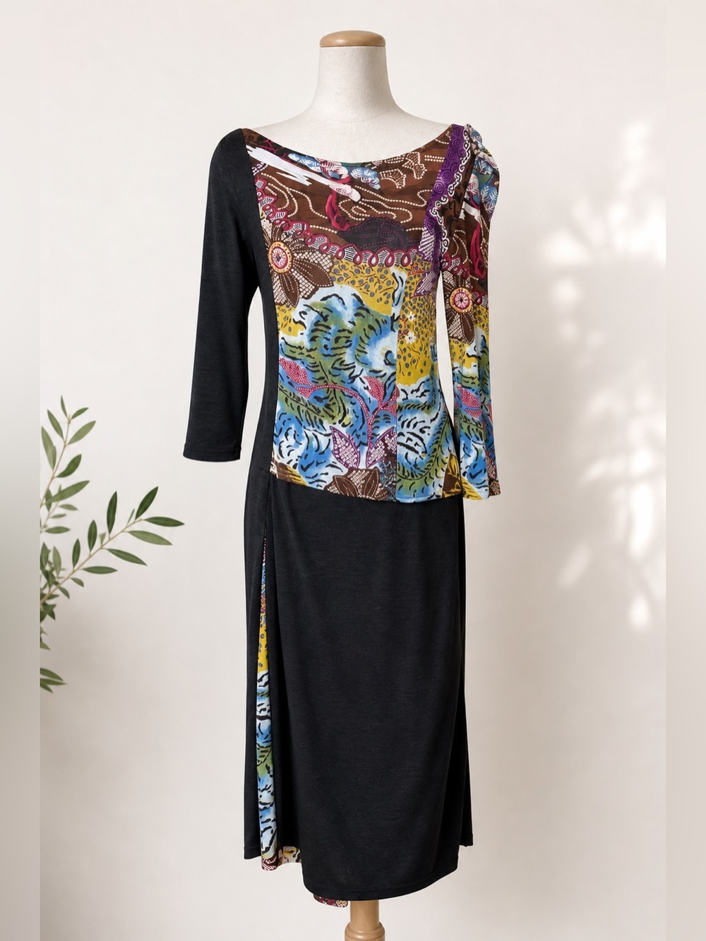 Vintage Chacok Artsy Midi Dress Multicolor Asymmetrical 3/4 Sleeve French Medium